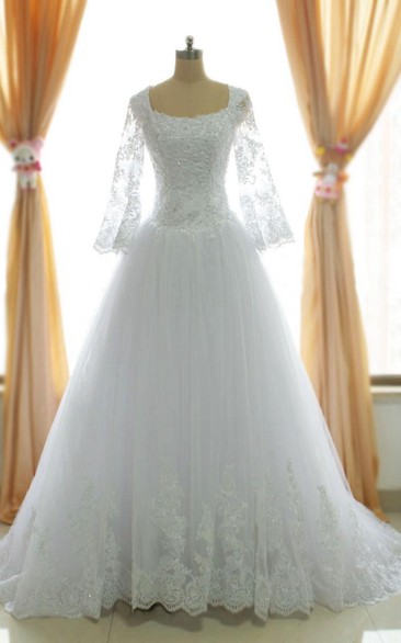 A-Line Tea-Length Off-The-Shoulder One-Shoulder Square Long Sleeve Beading Tulle Lace Sequins Satin Dress