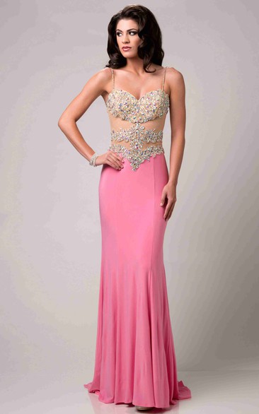 Rhinestone Bodice Sheath Long Prom Dress With Spaghetti Straps