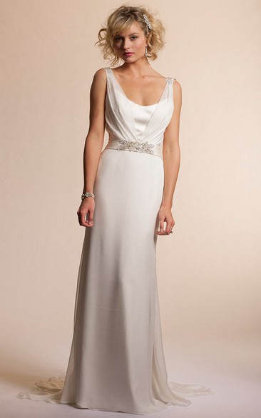 V-Neck Long Jeweled Chiffon Wedding Dress With Sweep Train And V Back