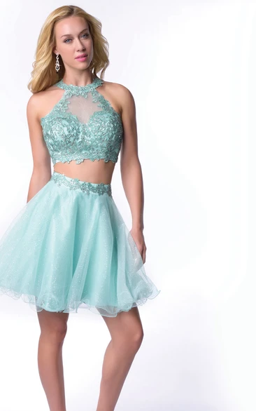 Two-Piece Lace Bodice Tulle Skirt Homecoming Dress With High Neck