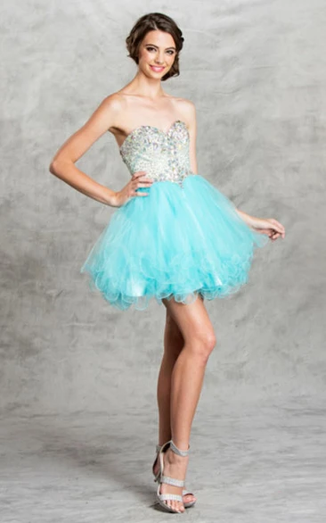 A-Line Mini Sweetheart Sleeveless Tulle Backless Dress With Beading And Ruffles