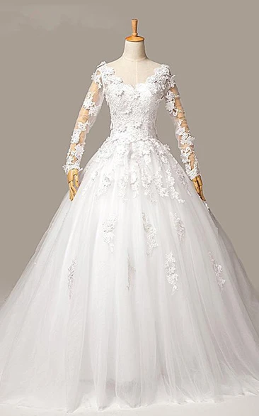 Gorgeous Long Sleeve Appliques Tulle Wedding Dresses Ball Gown Lace-up