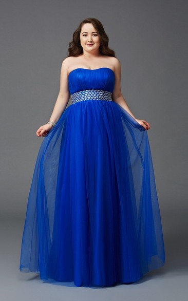 A-line Floor-length Strapless Sleeveless Tulle Ruching Waist Jewellery Low-V Back Dress