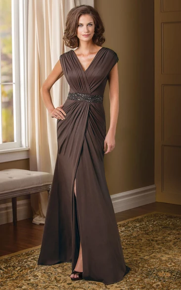 Cap-Sleeved V-Neck Mother Of The Bride Dress With Front Slit And Sequins