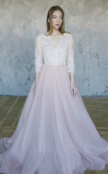 Lace Tulle Wedding Gown With V-neck And 3/4 Sleeve