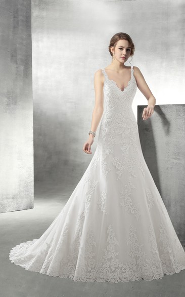 Strappy V Neck Backless Lace Floor Length Wedding Dress