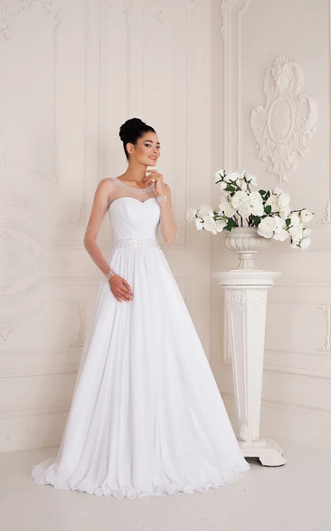 Scoop Neck Long Sleeve A-line Chiffon Wedding Dress With Ruching And Beading 