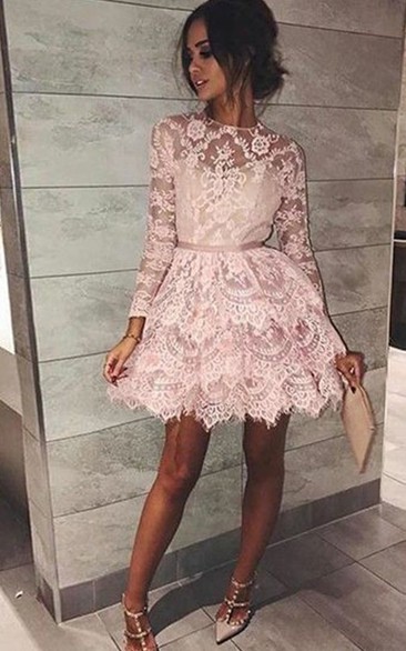 A-line Long Sleeve Lace High Neck Zipper Short Mini Homecoming Dress