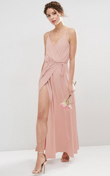 Sheath Spaghetti Chiffon Bridesmaid Dress With Split Front