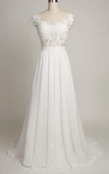 A-Line Tea-Length Sweetheart Cap Sweep Train Backless Chiffon Lace Dress