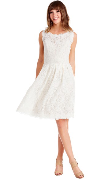 A-Line Sleeveless Bateau Mini Lace Little White Dress With Keyhole Back