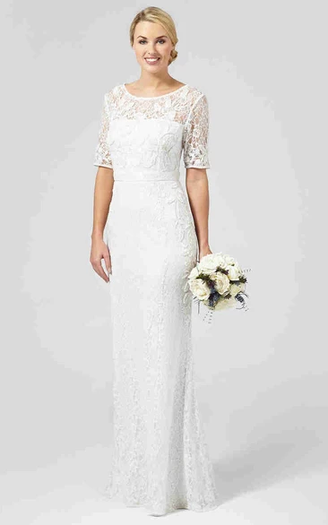 Sheath Half-Sleeve Scoop-Neck Lace Wedding Dress With Keyhole