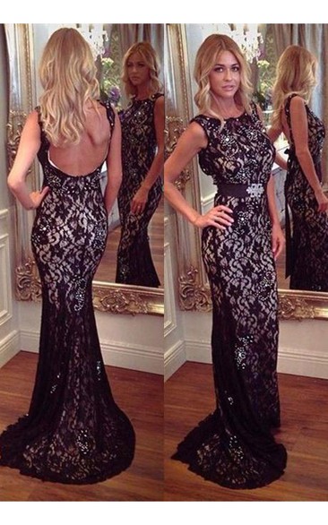 Sexy Lace Mermaid Jewel Backless Prom Dress Sweep Train