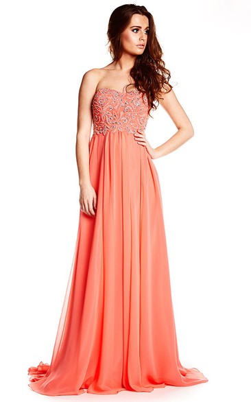 Strapless Beaded Chiffon Prom Dress With Brush Train