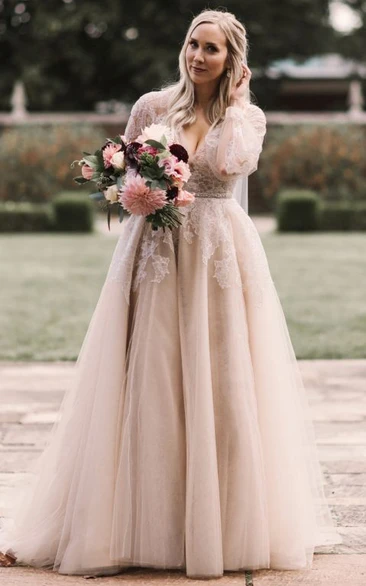 Elegant A Line Lace Floor-length Train Long Sleeve Wedding Dress with Appliques