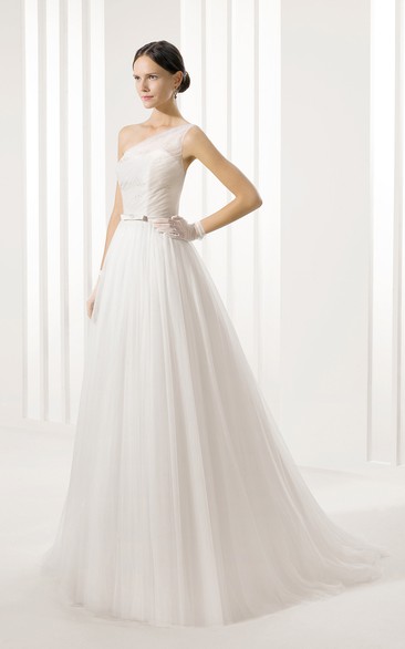 One-Shoulder Tulle Pleated Dress With Slim Belt