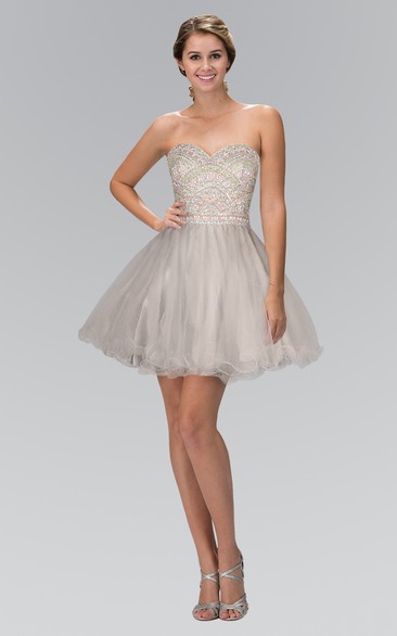 A-Line Short Sweetheart Sleeveless Tulle Dress With Beading And Ruffles