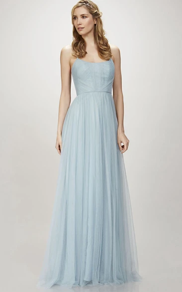 Spaghetti Ruched Sleeveless Tulle Bridesmaid Dress