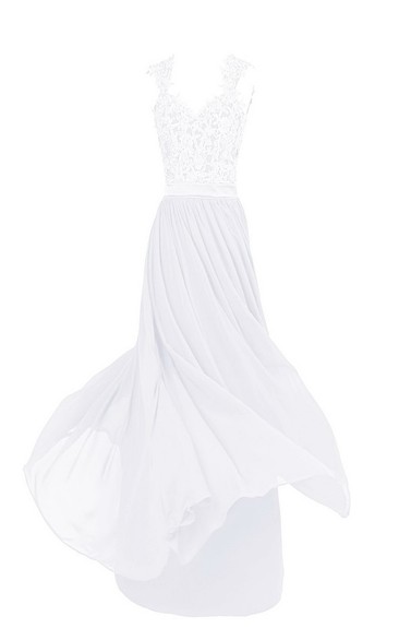 Sleeveless V-neck Lace Beaded Bodice Long Chiffon Dress