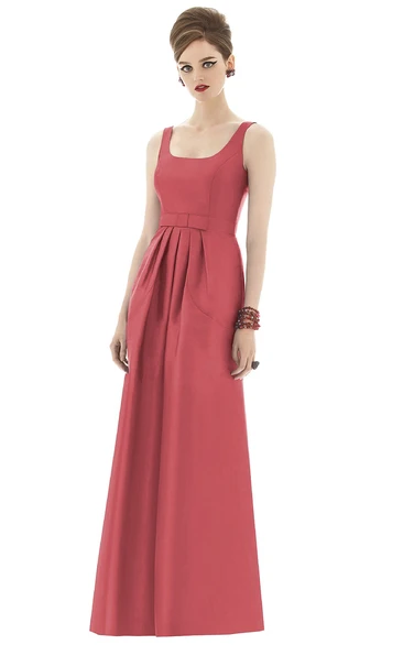 Long Square Sleeveless Satin Gown with Belt and Ruching