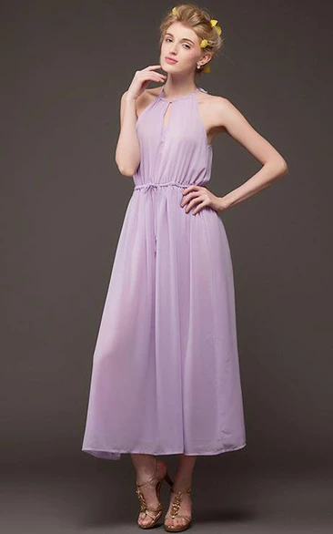 Ankle-Length Halter Sleeveless Chiffon Keyhole Dress