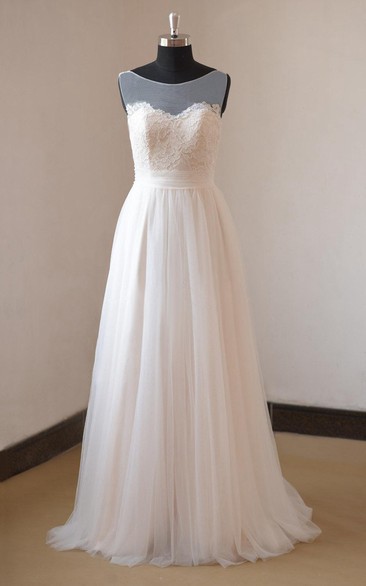 Sleeveless A-Line Pleated Tulle Gown With Lace Bodice and Bateau Neck