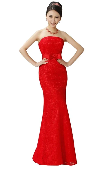 Strapless Floor-length Dress With Lace and Bow