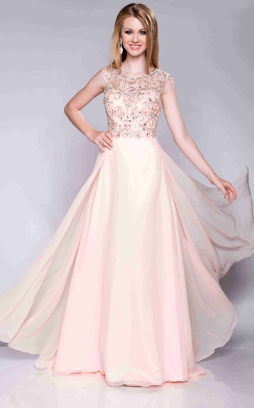 Cap Sleeve A-Line Chiffon Bateau Neck Prom Dress With Keyhole Back