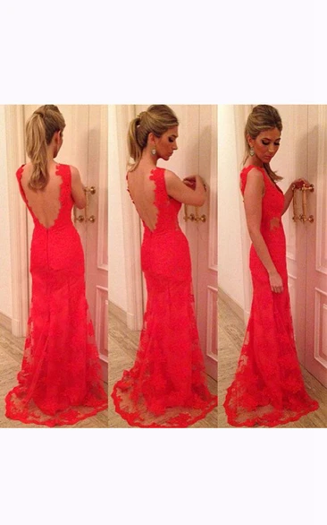 A-line Long Sweetheart Lace Dress with Deep V Back