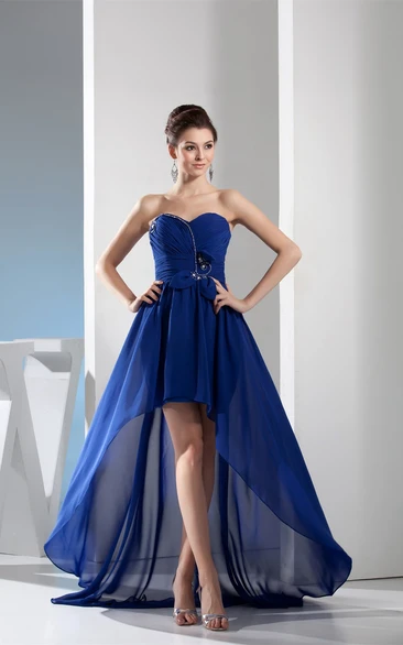 Sweetheart High Low Ruched Gown With Pleats and Sash Bow