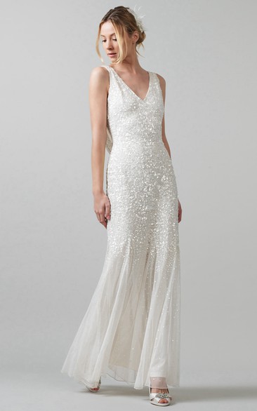 Sheath Sleeveless V-Neck Pleated Floor-Length Sequins Wedding Dress With Low-V Back