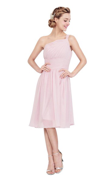 One-shoulder Knee-length Chiffon Dress With Pleats