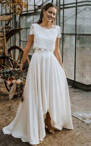 Bohemian Bateau Satin and Lace Two Piece Floor-length Short Sleeve Wedding Dress with Pleats