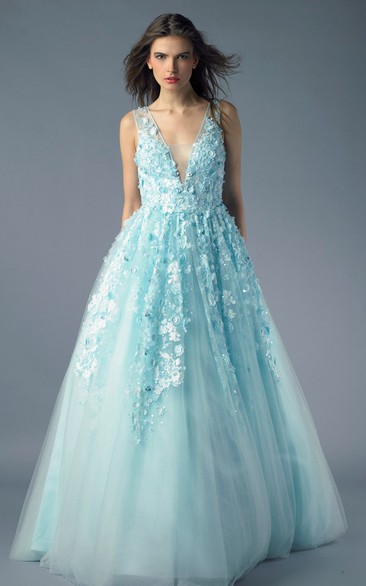 A-line Floor-length V-neck Sleeveless Tulle Illusion Dress