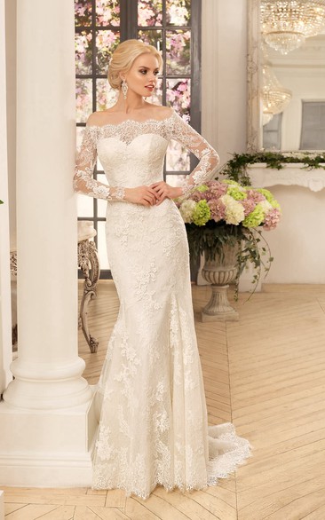 Sheath Long Off-The-Shoulder Long-Sleeve Illusion Lace Dress With Appliques