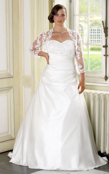 A-Line Floor-Length Sweetheart Long Sleeve Satin Sweep Train Side Draping Dress