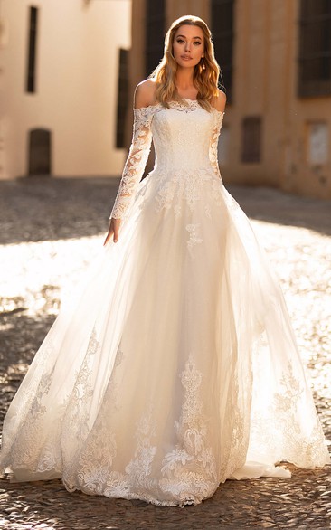 Sexy A Line Off-the-shoulder Court Train Wedding Dress with Appliques