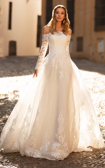 Sexy A Line Off-the-shoulder Court Train Wedding Dress with Appliques