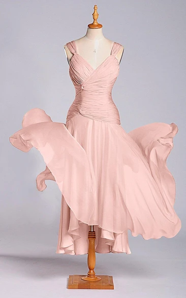 A-line Tea-length Zipper Chiffon Dress with Ruched Bodice
