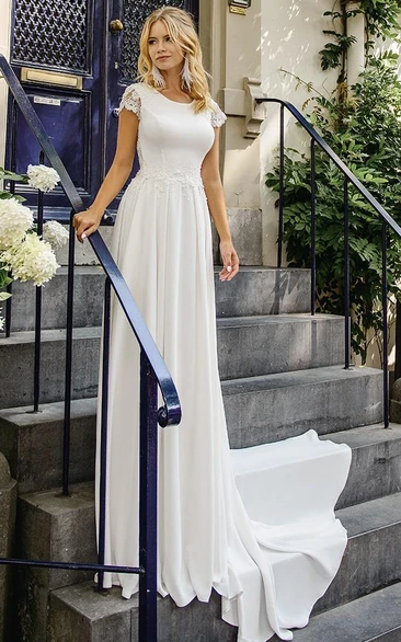 Elegant Bateau A Line Satin and Lace Court Train Wedding Dress with Ruching