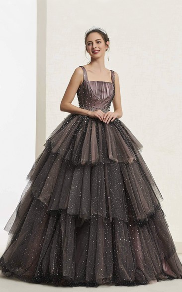 Luxury Square Neckline Vintage Beaded Sleeveless Ballgown With Lace-up And Ruffled Tiers