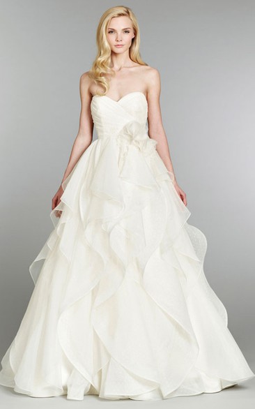 Charming Crisscross Dot Ruched Bodice Organza Ball Gown With Floral Detail