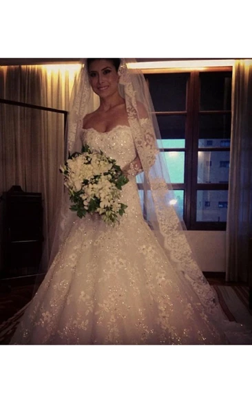 Gorgeous Lace Long Sleeve Mermaid Wedding Dress Long Train With Veil