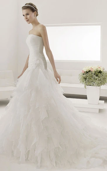 Strapless Ruched Bodice Mermaid Bridal Gown With Tiered Skirt