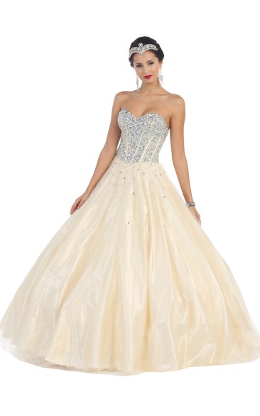 Ball Gown Long Sweetheart Sleeveless Satin Backless Dress With Beading