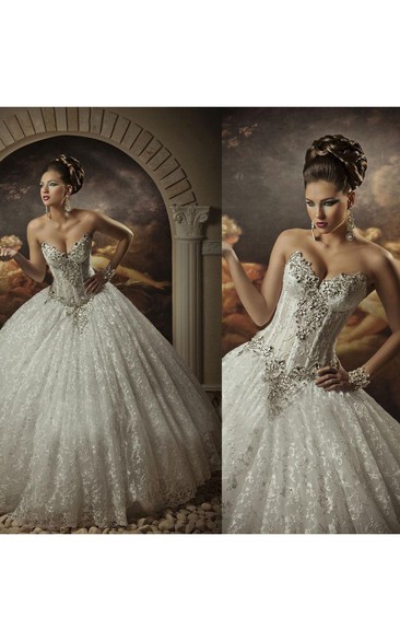 Sweetheart Lace Strapless Arabic Wedding Dresses Ball Gown Sleeveless Beaded Bridal Gowns With Sequins Crystals