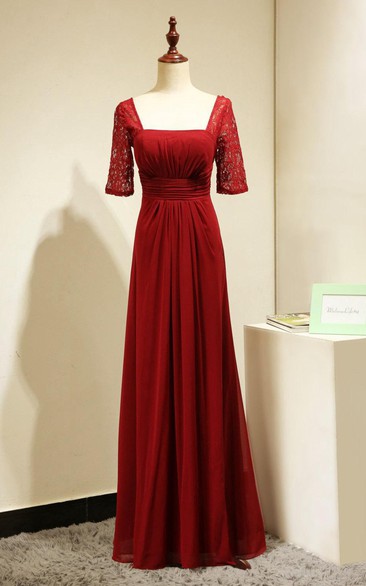 Backless Lace Half Sleeve Pleated A-line Chiffon Long Dress Red