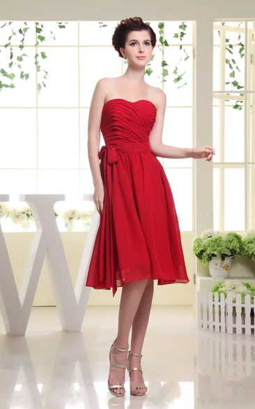 Chiffon Sweetheart Ruched Dress With Pleats and Ribbon