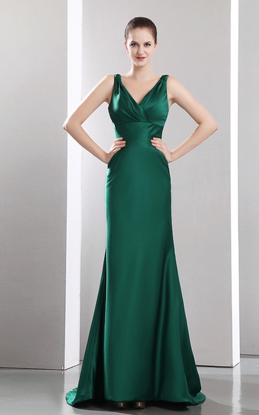 Deep V-Neck Satin Dress With Sweep Train