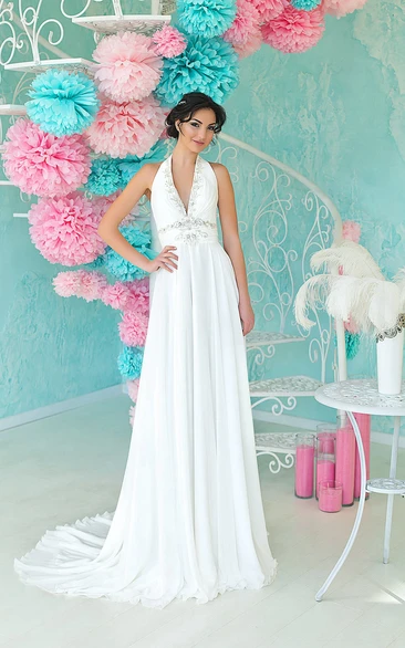 A-Line Floor-Length Halter Sleeveless Empire Backless Chiffon Dress With Beading And Ruching